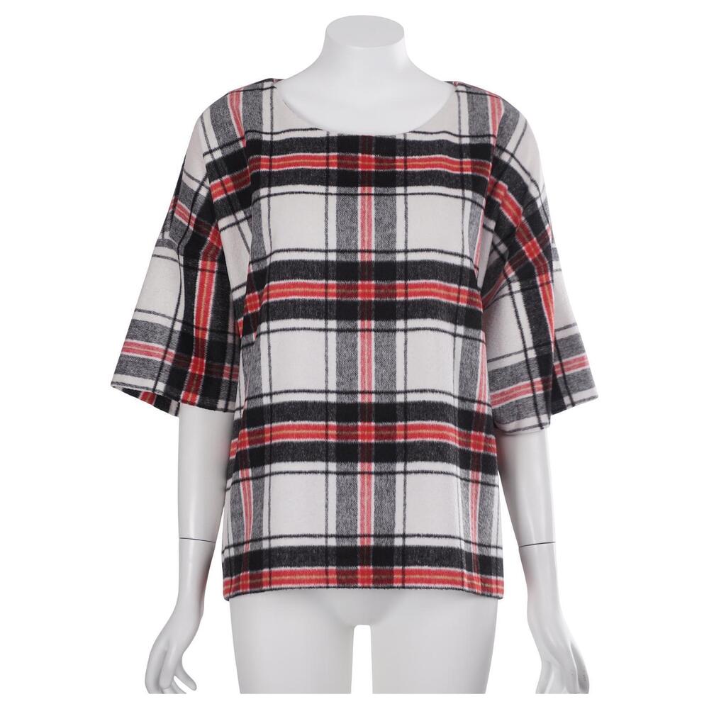 Lord & Taylor Sweater M? Black Red Plaid Wool Blend Short Sleeve Boxy Oversized